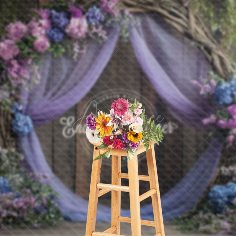 Aperturee - Aperturee Floral Violet Curtain Wooden Sweet Wedding Backdrop