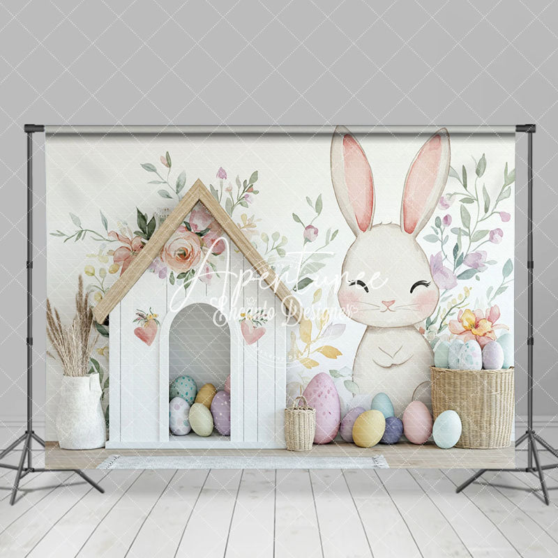 Aperturee - Aperturee Floral Wall Bunny Eggs House Easter Photo Backdrop