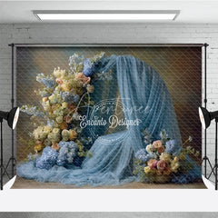 Aperturee - Aperturee Floral Wedding Arch Backdrop Dusty Blue Drapes with Rose Hydrangea Abstract Photography Background Decor