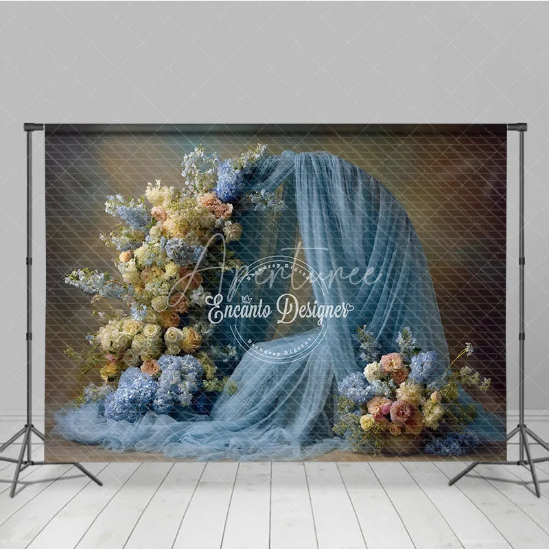 Aperturee - Aperturee Floral Wedding Arch Backdrop Dusty Blue Drapes with Rose Hydrangea Abstract Photography Background Decor