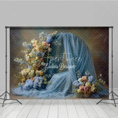 Aperturee - Aperturee Floral Wedding Arch Backdrop Dusty Blue Drapes with Rose Hydrangea Abstract Photography Background Decor