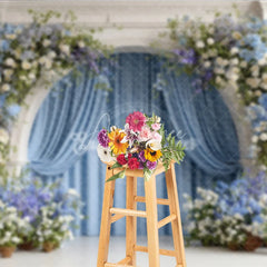 Aperturee - Aperturee Floral Wedding Arch Backdrop White Mantel with Blue Curtains Blue and White Hydrangea Photography Background