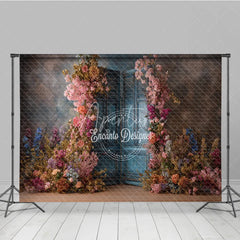 Aperturee - Aperturee Floral Wedding Backdrop Blue Louvered Door Photo Background Pink Rose Flower Wall for Bridal Shower Photography