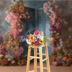 Aperturee - Aperturee Floral Wedding Backdrop Blue Louvered Door Photo Background Pink Rose Flower Wall for Bridal Shower Photography