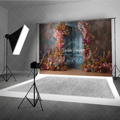 Aperturee - Aperturee Floral Wedding Backdrop Blue Louvered Door Photo Background Pink Rose Flower Wall for Bridal Shower Photography