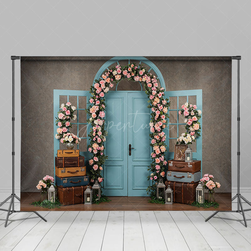 Aperturee - Aperturee Floral Wedding Blue Retro Door Photography Backdrop