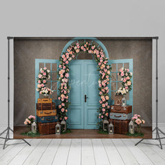 Aperturee - Aperturee Floral Wedding Blue Retro Door Photography Backdrop
