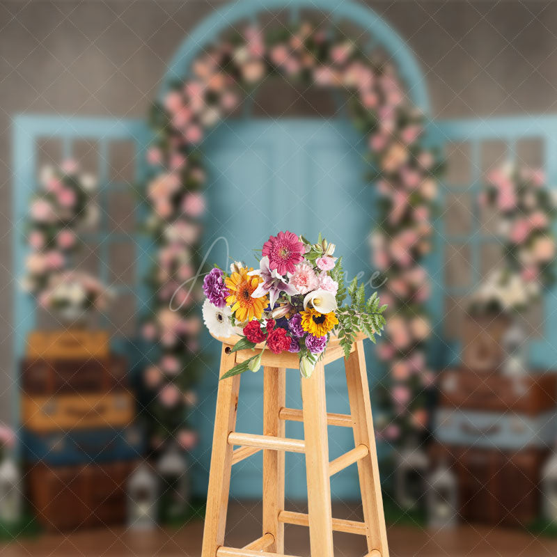 Aperturee - Aperturee Floral Wedding Blue Retro Door Photography Backdrop