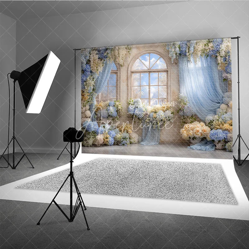 Aperturee - Aperturee Floral Wedding Window Backdrop Arch Window with Sky View Blue Hydrangea and Rose Photography Background