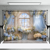Aperturee - Aperturee Floral Wedding Window Backdrop Arch Window with Sky View Blue Hydrangea and Rose Photography Background