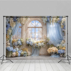 Aperturee - Aperturee Floral Wedding Window Backdrop Arch Window with Sky View Blue Hydrangea and Rose Photography Background