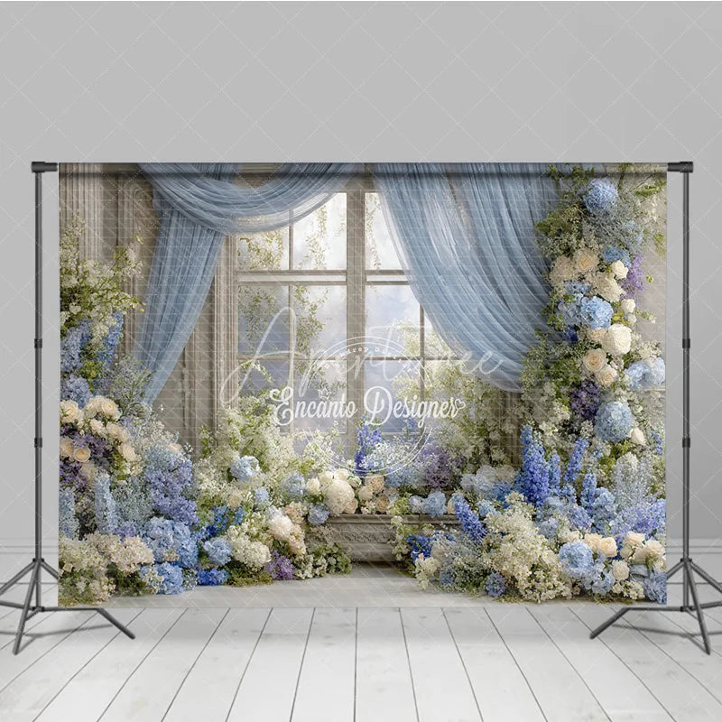 Aperturee - Aperturee Floral Wedding Window Backdrop Blue Drapes with Hydrangea Rose Elegant Bridal Shower Photography Props