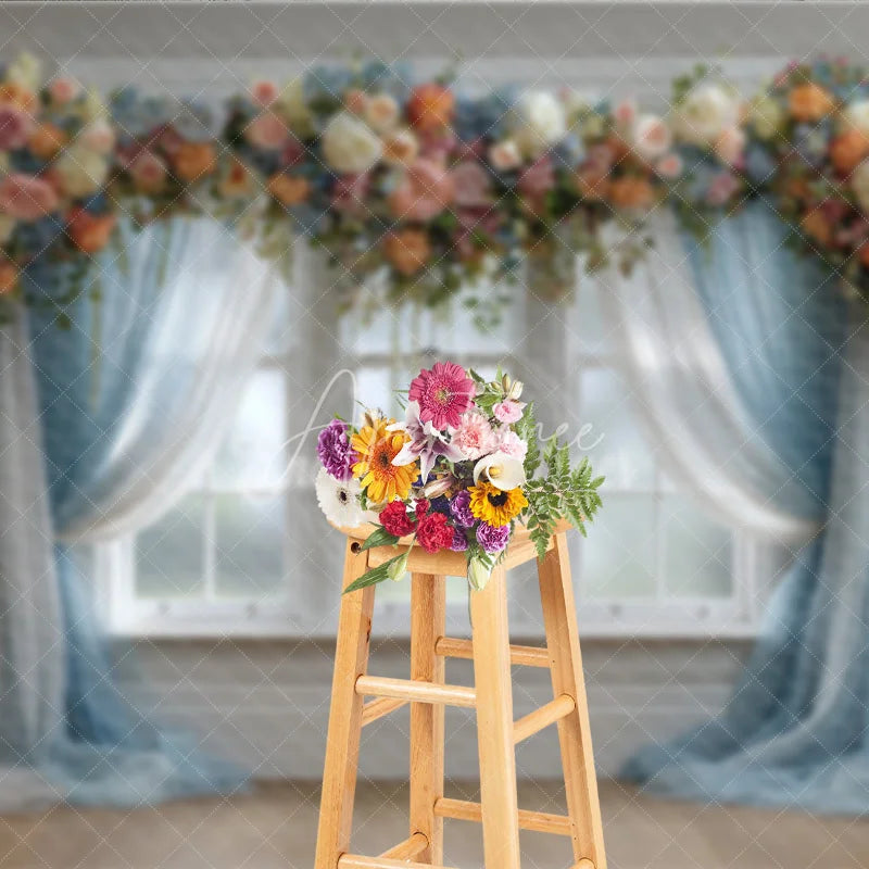 Aperturee - Aperturee Floral Wedding Window Backdrop Blue Drapes with Peach Rose Elegant Bridal Shower Photography Background
