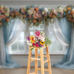 Aperturee - Aperturee Floral Wedding Window Backdrop Blue Drapes with Peach Rose Elegant Bridal Shower Photography Background
