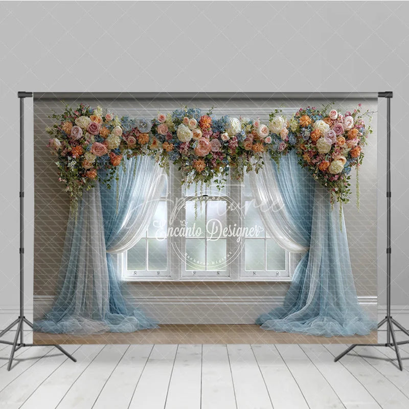 Aperturee - Aperturee Floral Wedding Window Backdrop Blue Drapes with Peach Rose Elegant Bridal Shower Photography Background