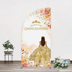 Aperturee - Aperturee Floral Welcome To My Quinceanera Birthday Half Moon Arch Backdrop