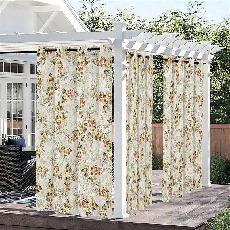 Aperturee - Aperturee Floral White View Waterproof Printed Outdoor Curtains