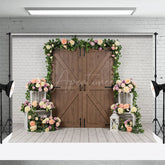 Aperturee - Aperturee Floral Wood Door White Brick Wall Wedding Backdrop