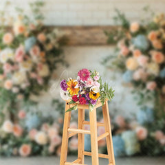 Aperturee - Aperturee Floral Wood White Brick Wall Sweet Wedding Backdrop