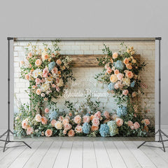 Aperturee - Aperturee Floral Wood White Brick Wall Sweet Wedding Backdrop
