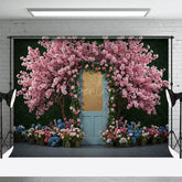 Aperturee - Aperturee Floral Wooden Blue Door Sweet Spring Wedding Backdrop