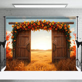 Aperturee - Aperturee Floral Wooden Door Autumn Field Photography Backdrop