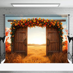 Aperturee - Aperturee Floral Wooden Door Autumn Field Photography Backdrop
