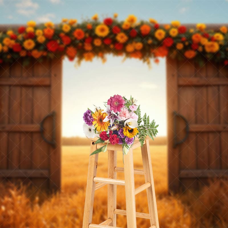 Aperturee - Aperturee Floral Wooden Door Autumn Field Photography Backdrop