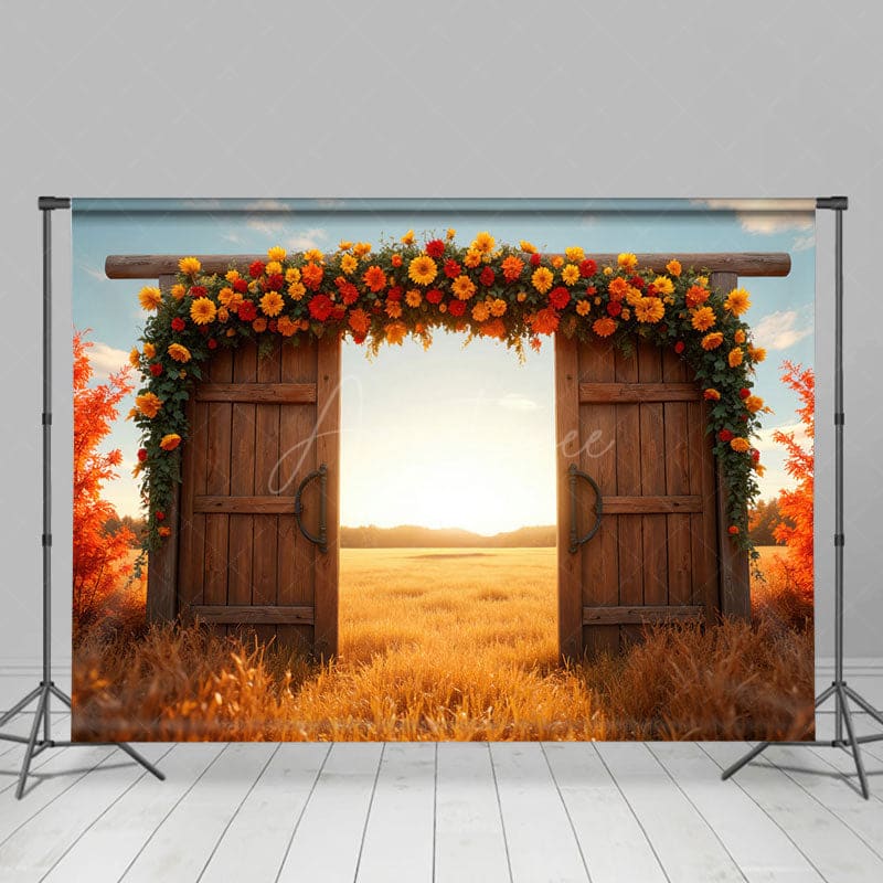 Aperturee - Aperturee Floral Wooden Door Autumn Field Photography Backdrop