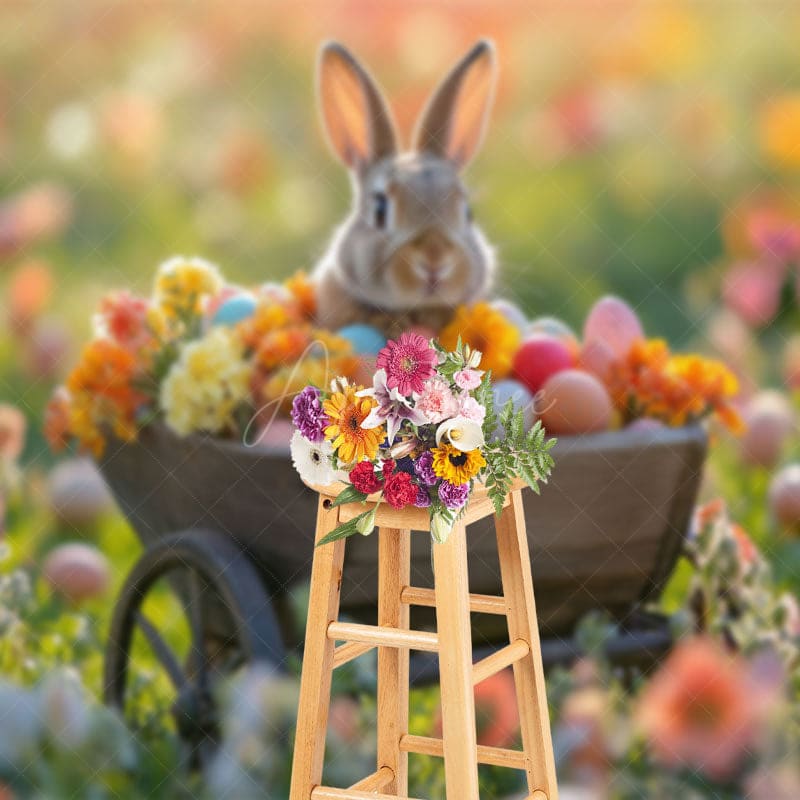 Aperturee - Aperturee Floral Wooden Truck With Bunny Bokeh Easter Backdrop