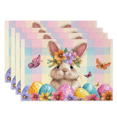 Aperturee - Aperturee Flower Crown Easter Bunny Set of 4 Placemats Colorful Egg Plaid Rabbit Table Mats for Party