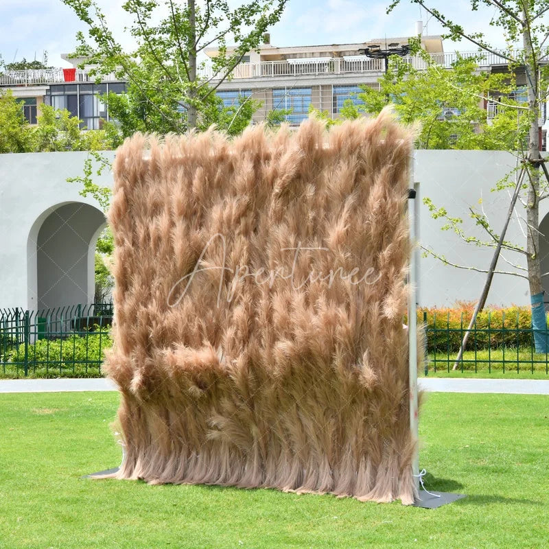 Aperturee - Aperturee Fluffy Light Brown Faux Pampas Grass Artificial Flower Wall Elegant Boho Rustic Event Decor Backdrop