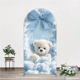 Aperturee - Aperturee Fluffy White Teddy Bear with Blue Bow and Clouds Round Top Arch Backdrop Dreamy Baby Shower Party Decor