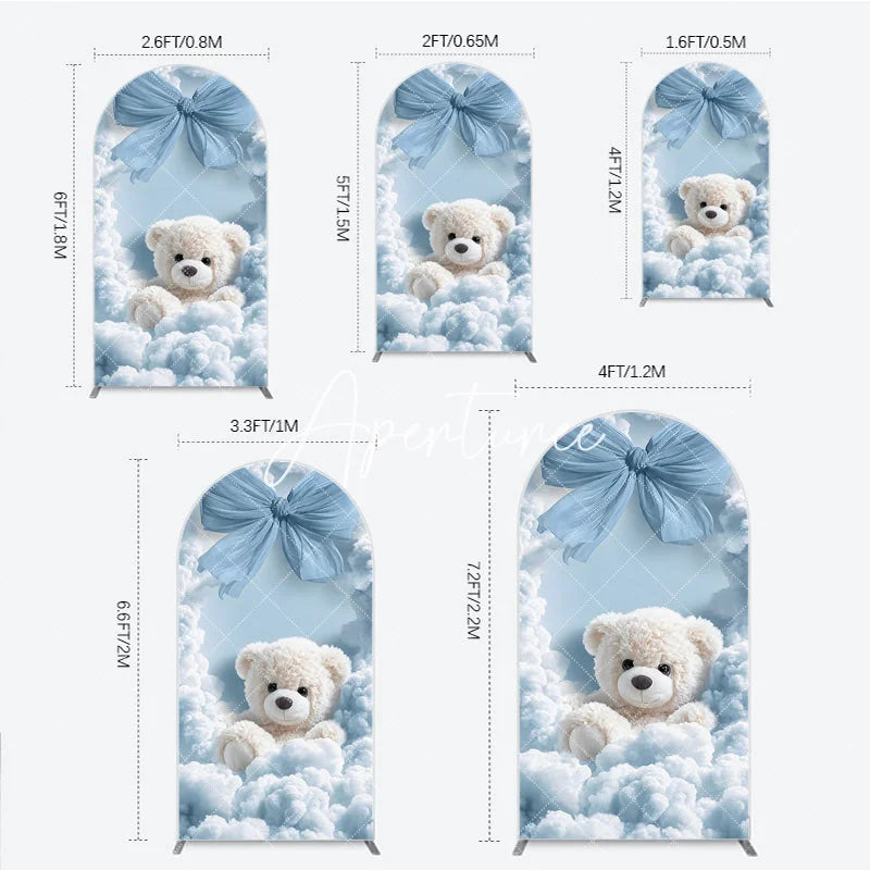 Aperturee - Aperturee Fluffy White Teddy Bear with Blue Bow and Clouds Round Top Arch Backdrop Dreamy Baby Shower Party Decor