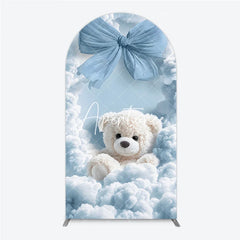 Aperturee - Aperturee Fluffy White Teddy Bear with Blue Bow and Clouds Round Top Arch Backdrop Dreamy Baby Shower Party Decor