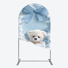 Aperturee - Aperturee Fluffy White Teddy Bear with Blue Bow and Clouds Round Top Arch Backdrop Dreamy Baby Shower Party Decor