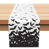 Aperturee - Aperturee Flying Bats Halloween Table Runner Spooky Black Bat Flock on a White Background Gothic Dining Room Decor