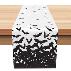 Aperturee - Aperturee Flying Bats Halloween Table Runner Spooky Black Bat Flock on a White Background Gothic Dining Room Decor