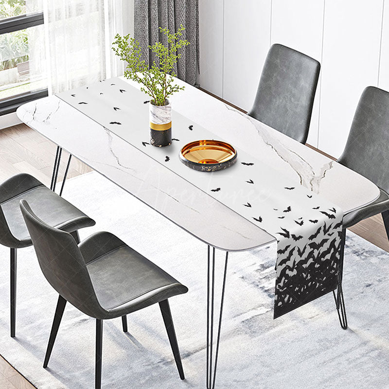 Aperturee - Aperturee Flying Bats Halloween Table Runner Spooky Black Bat Flock on a White Background Gothic Dining Room Decor