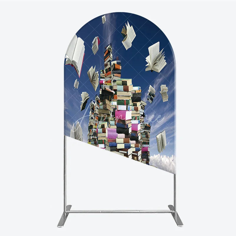 Aperturee - Aperturee Flying Books and Stacked Literature Round Top Arch Backdrop Blue Sky Educational Theme Decor