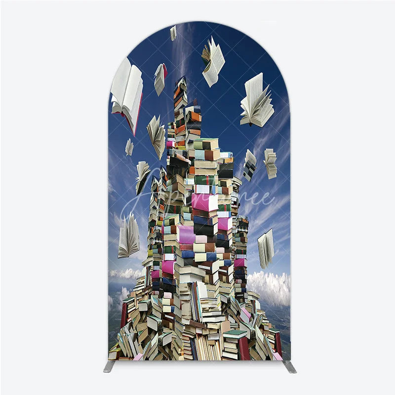 Aperturee - Aperturee Flying Books and Stacked Literature Round Top Arch Backdrop Blue Sky Educational Theme Decor