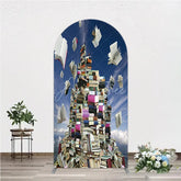 Aperturee - Aperturee Flying Books and Stacked Literature Round Top Arch Backdrop Blue Sky Educational Theme Decor