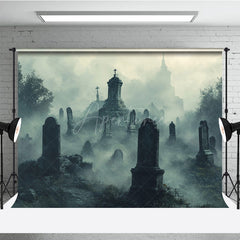 Aperturee - Aperturee Foggy Graveyard Photography Backdrop Spooky Cemetery with Tombstones Gothic Horror Scene for Halloween Photos