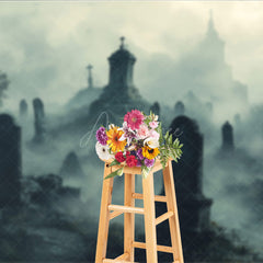 Aperturee - Aperturee Foggy Graveyard Photography Backdrop Spooky Cemetery with Tombstones Gothic Horror Scene for Halloween Photos