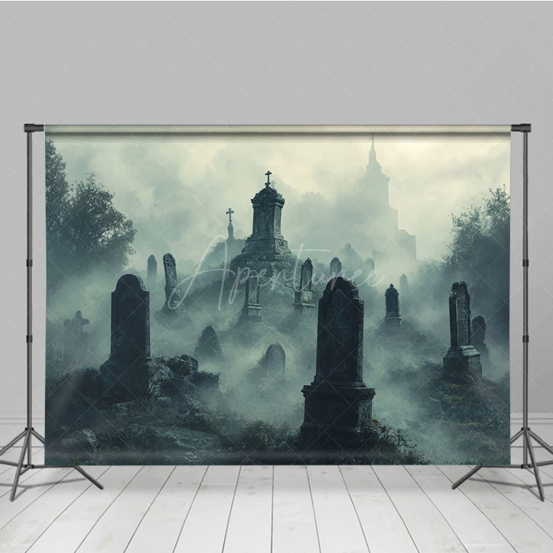 Aperturee - Aperturee Foggy Graveyard Photography Backdrop Spooky Cemetery with Tombstones Gothic Horror Scene for Halloween Photos