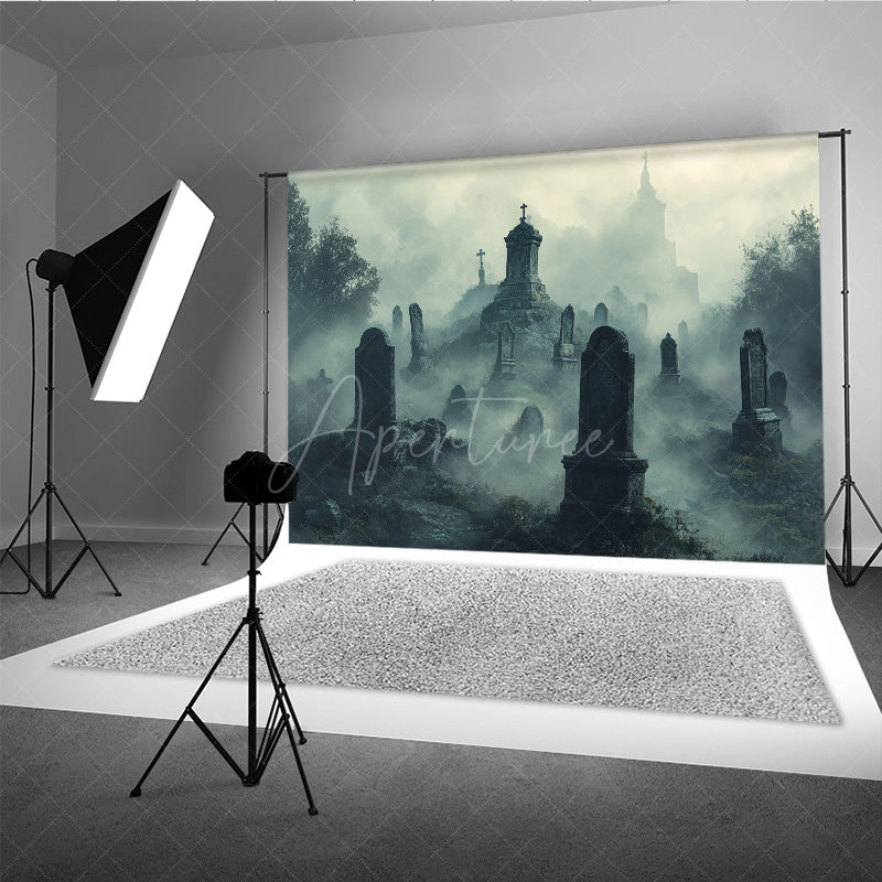 Aperturee - Aperturee Foggy Graveyard Photography Backdrop Spooky Cemetery with Tombstones Gothic Horror Scene for Halloween Photos