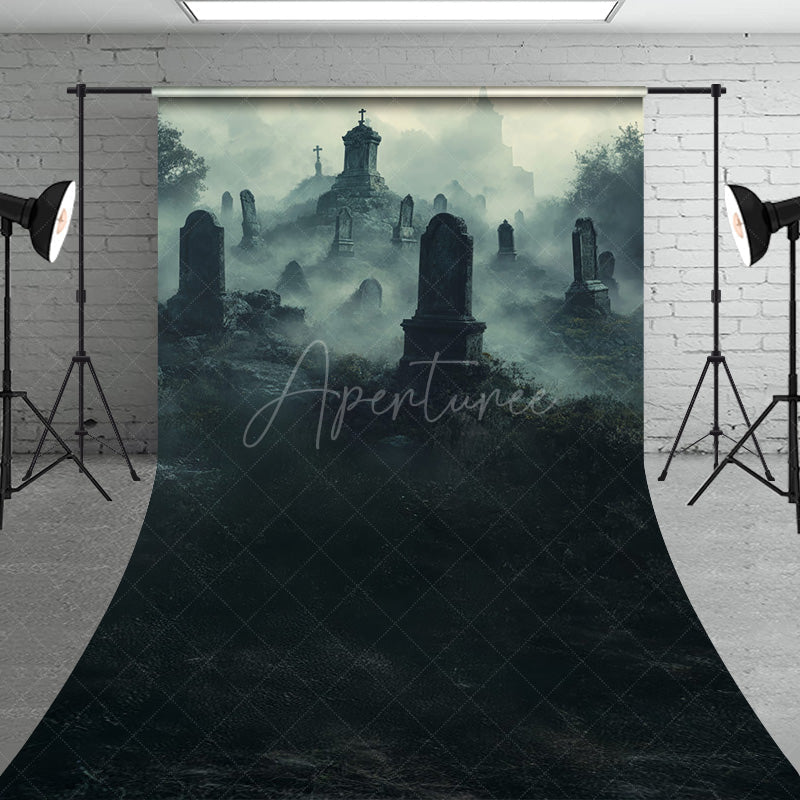 Aperturee - Aperturee Foggy Graveyard Sweep Backdrop Spooky Cemetery with Tombstones Gothic Horror Scene for Halloween Photos