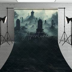 Aperturee - Aperturee Foggy Graveyard Sweep Backdrop Spooky Cemetery with Tombstones Gothic Horror Scene for Halloween Photos