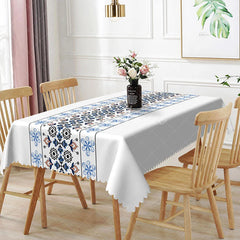 Aperturee - Aperturee Folk Art Floral Rectangle Tablecloth Blue and Brown Pattern Dining Table Cover