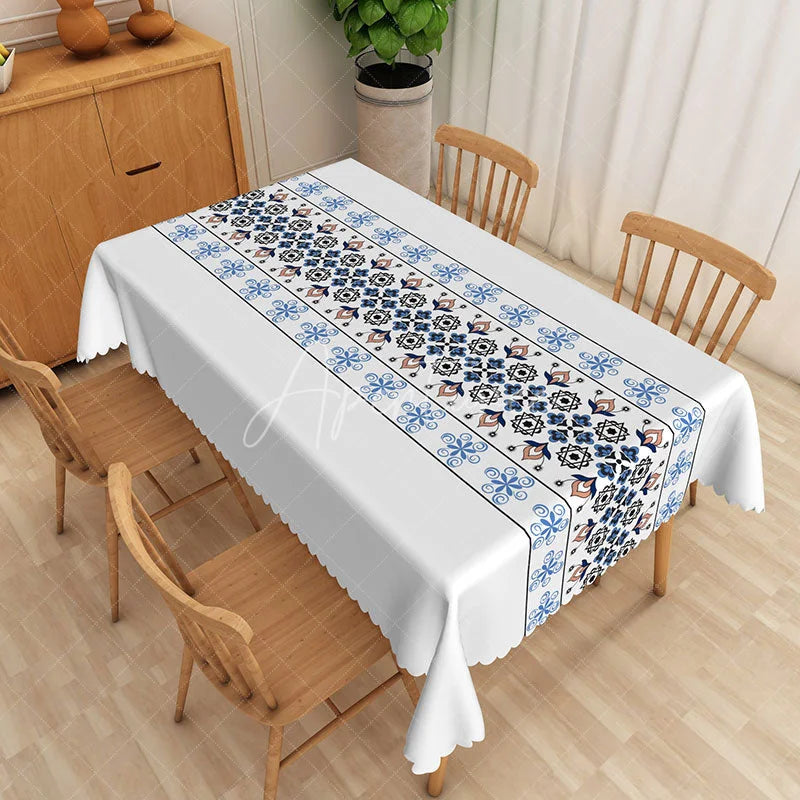 Aperturee - Aperturee Folk Art Floral Rectangle Tablecloth Blue and Brown Pattern Dining Table Cover